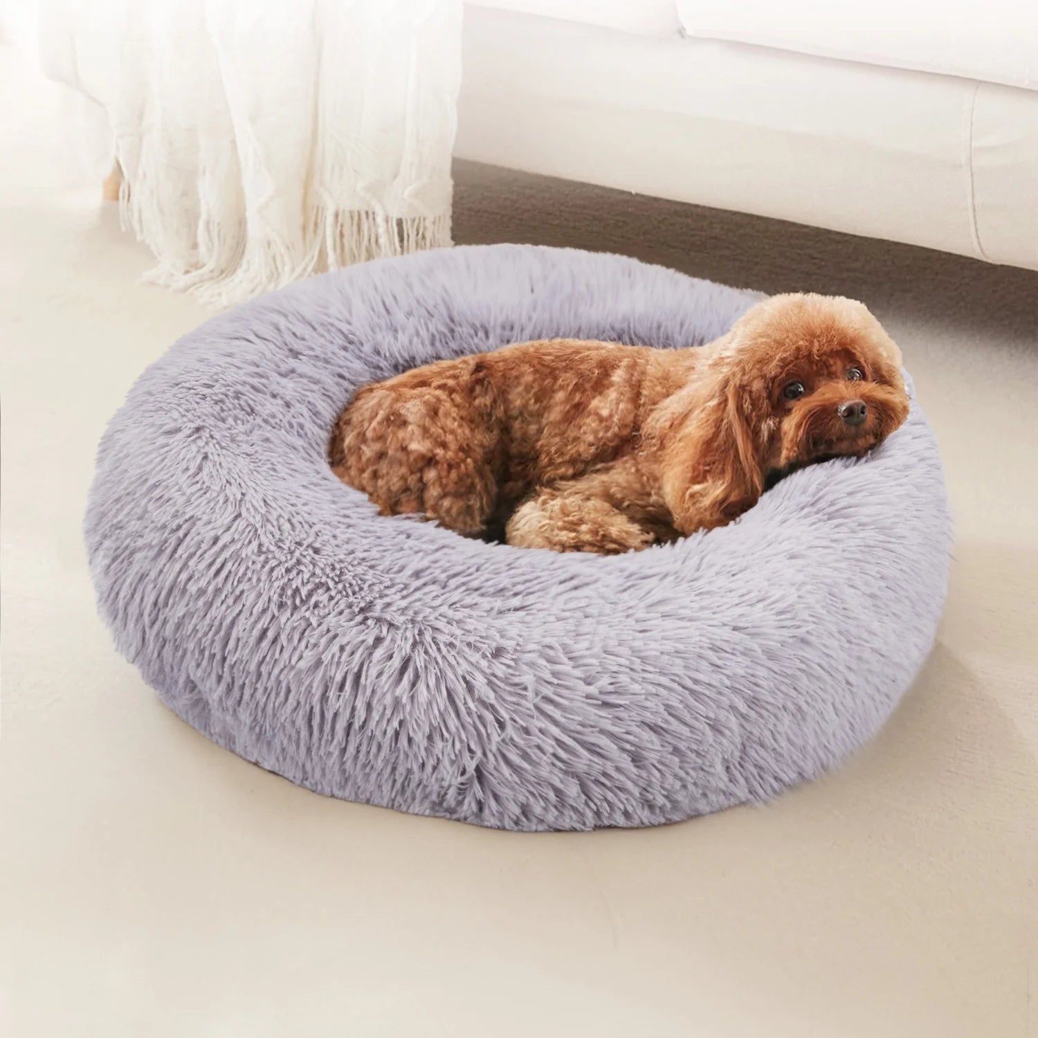 Calming Donut Dog Bed - 20" x 20" x 8", Plush Anti-Anxiety Round Pet Bed for Small Dogs and Medium/Large Cats, Washable with Anti-Slip Bottom, Light Gray