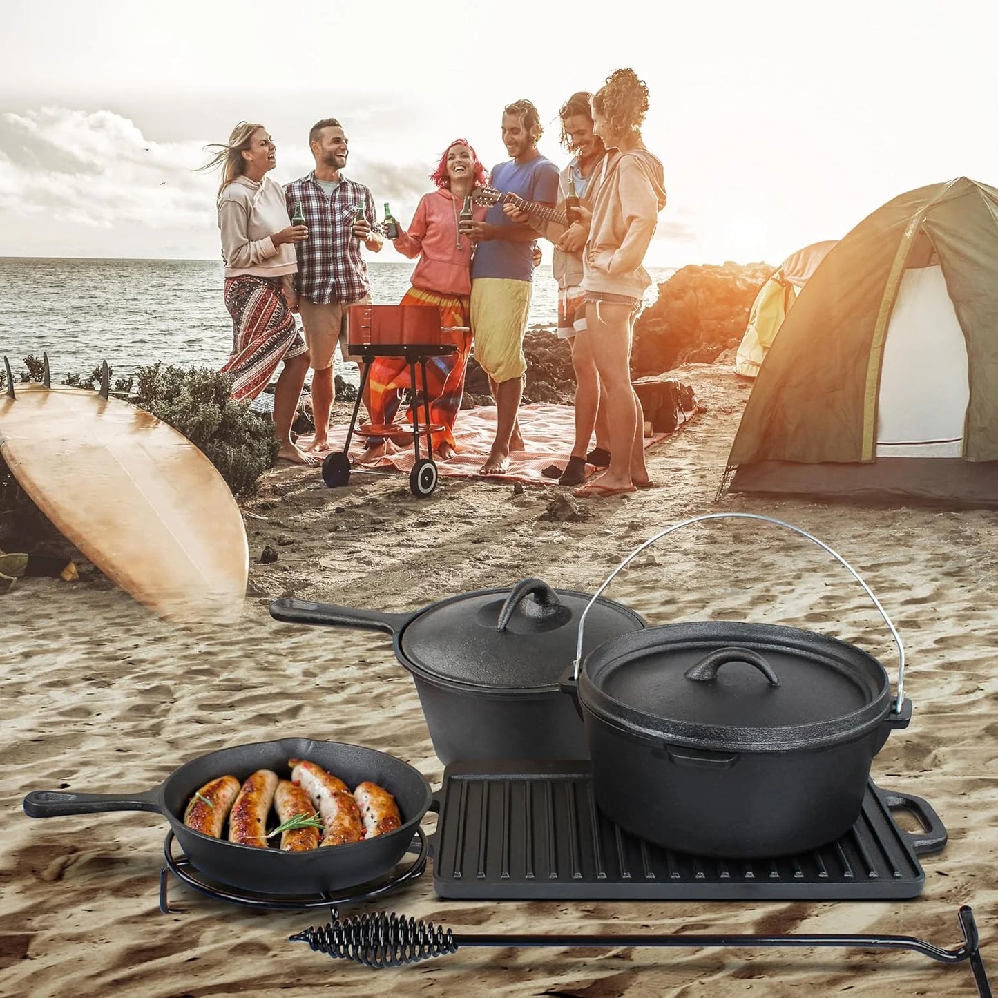 Pre-Seasoned Dutch Oven Camping Cooking Set Cookware - Cast Iron Griddle, 4Qt Dutch Oven, Griddle Pan, Frying Pan, Pre-Seasoned Cast Iron Camping Cooking Set with Storage