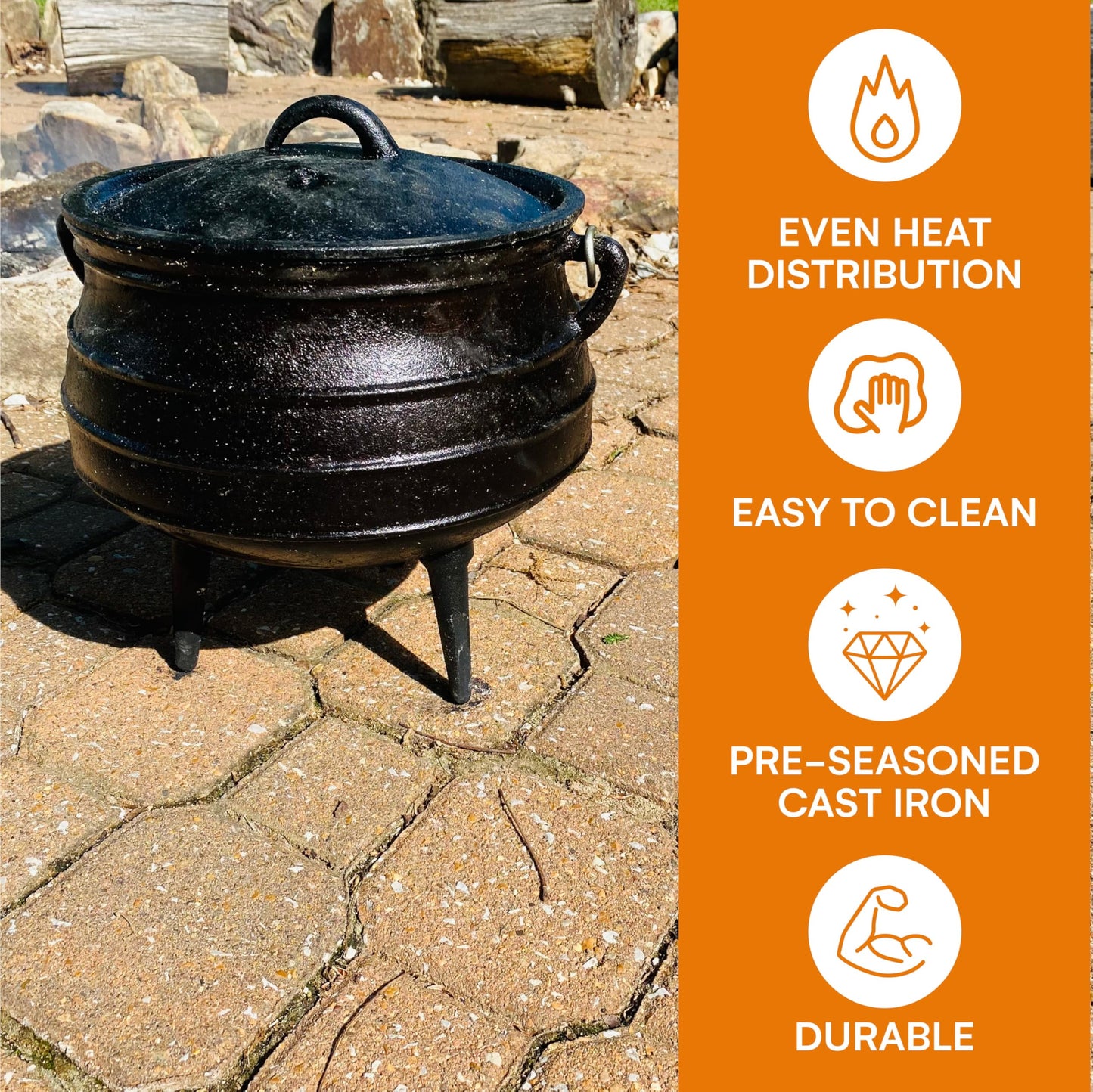8-Quart Pre-Seasoned Cast Iron Cauldron - African Potjie Pot with Lid - 3-Legged Pot for Even Heat Distribution - Outdoor Cast Iron Dutch Oven Cookware for Campfire Cooking and Boiling