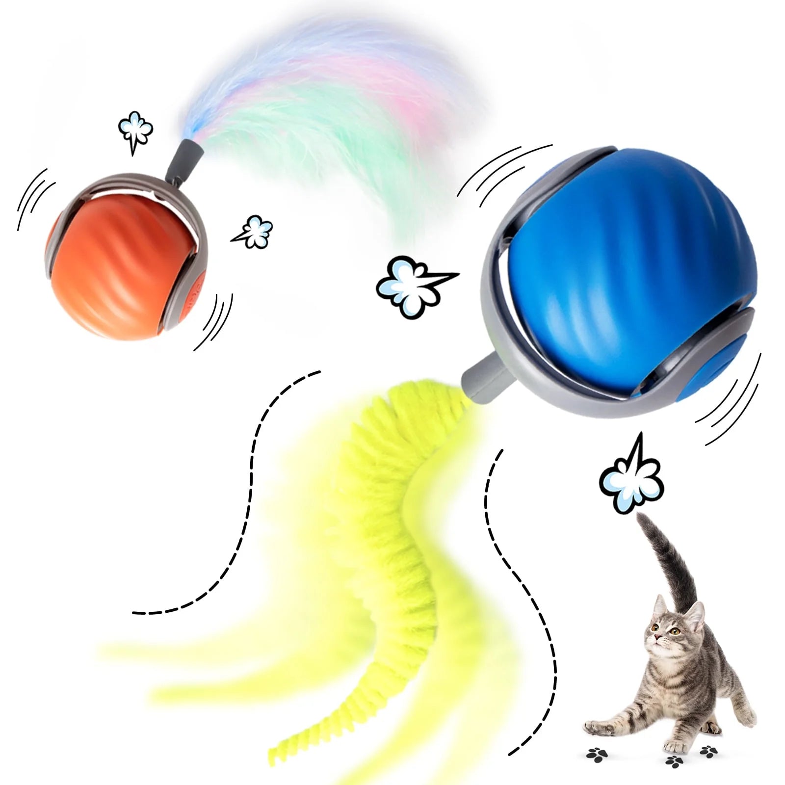 Smart Interactive Cat Toy Balls - Rechargeable with Two Speed Settings for Indoor Cats, 2-Pack (Blue & Orange)
