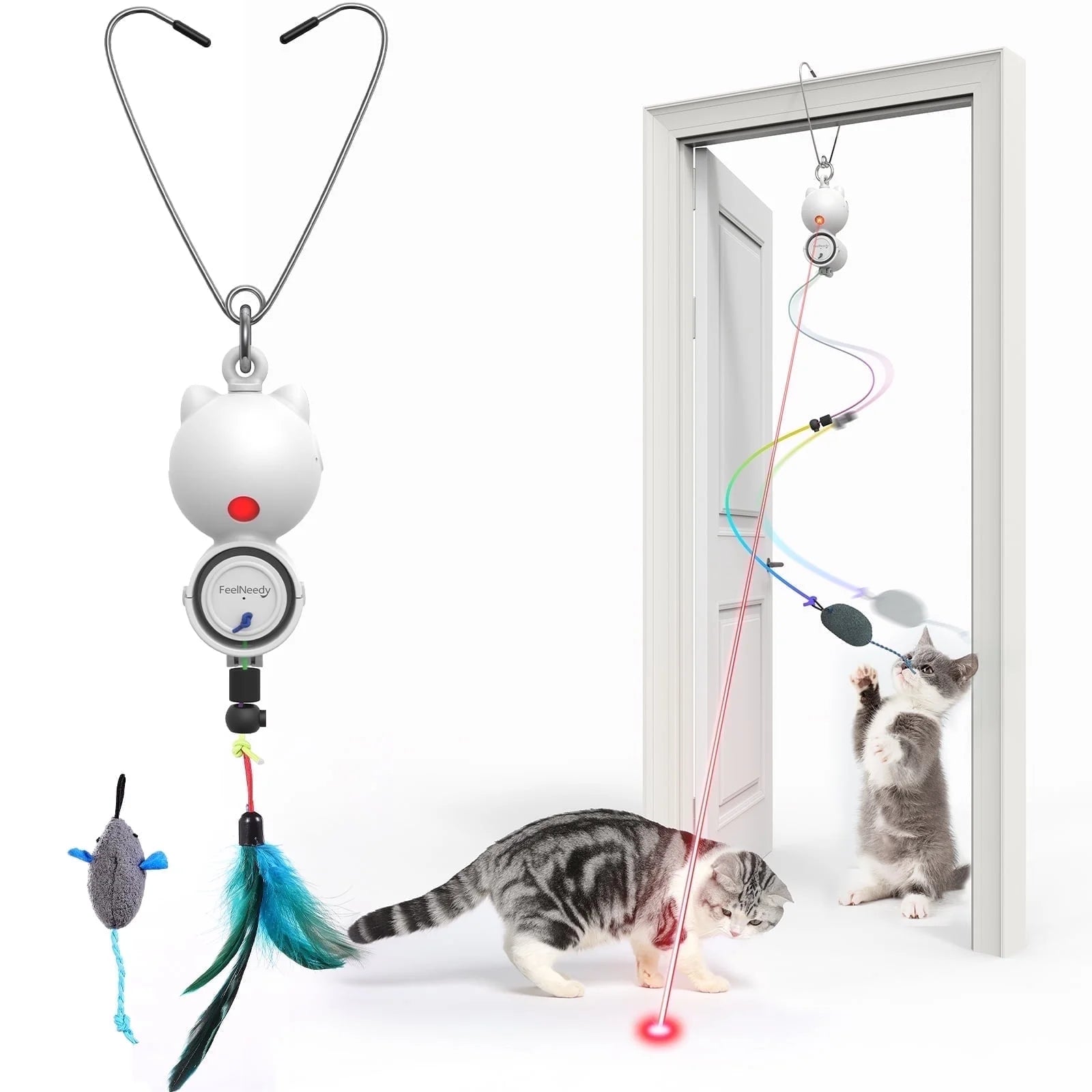 2-in-1 Automatic Laser Teaser Cat Toy for Indoor Cats, USB Rechargeable Interactive Self-Play Device, White