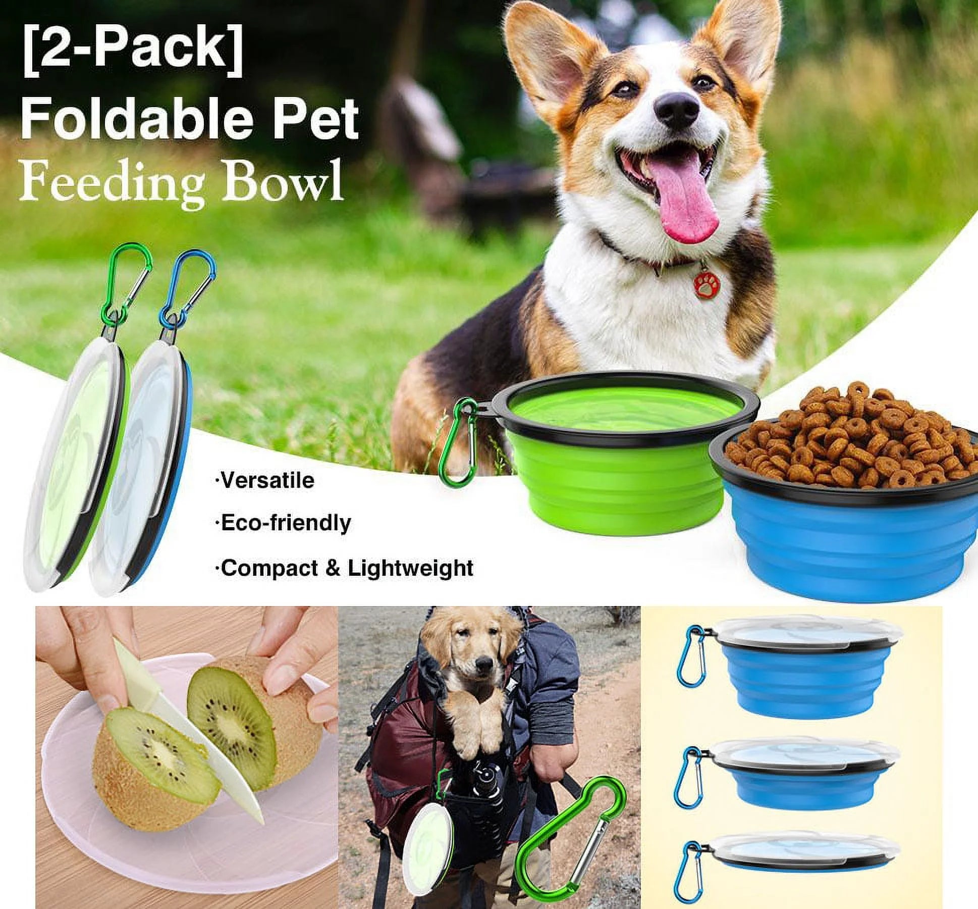 Collapsible Dog Bowls 2 Pack, Silicone Feeding Watering Bowls with Lids & Carabiners for Dogs Cats, Portable Water Feeder Food Bowl for Walking Traveling Home Use, 1000Ml, Blue + Green