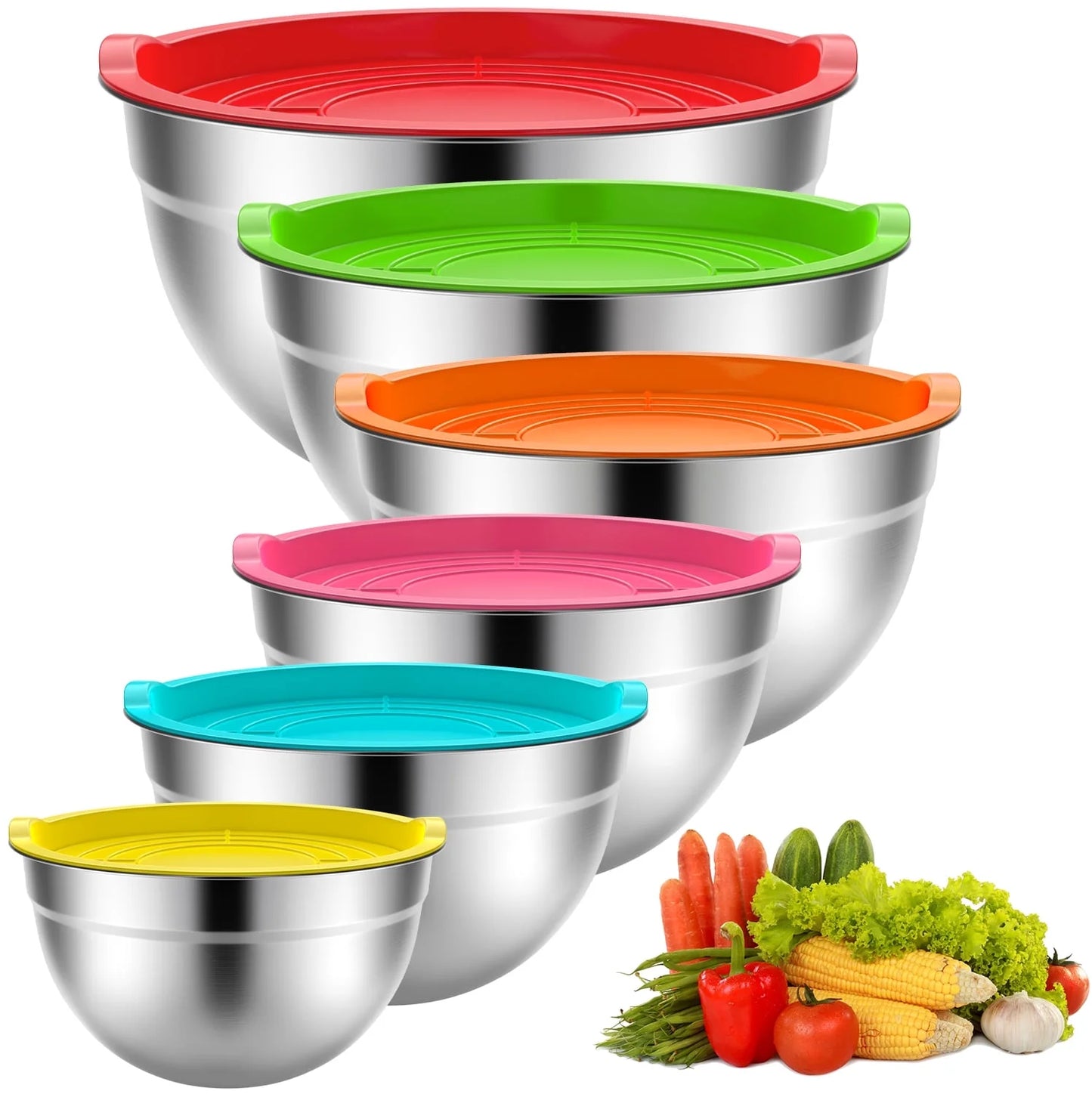 Stainless Steel Mixing Bowls Set,  6 Pack Mixing Bowls with Lids, Metal Nesting Storage Bowls for Kitchen, 4.5/3/2.5/2/1.5/0.75QT, Great for Prep, Baking, Serving, Multicolor
