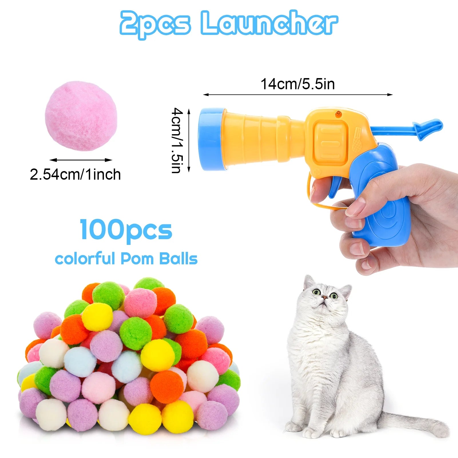 2 Pack Cat Toy Plush Ball Launcher Gun, Plush Ball Shooting Gun for Cats with 100 Pcs Pom Pom Ball for Indoor Cats