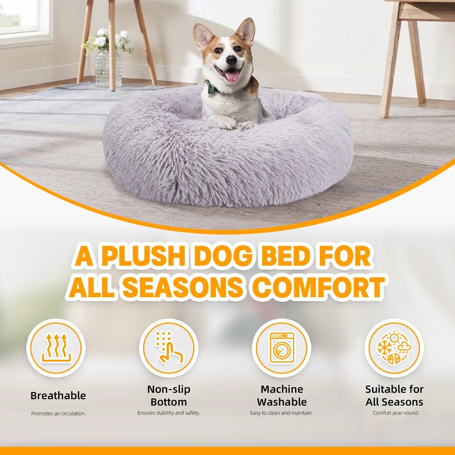 Calming Donut Dog Bed - 20" x 20" x 8", Plush Anti-Anxiety Round Pet Bed for Small Dogs and Medium/Large Cats, Washable with Anti-Slip Bottom, Light Gray