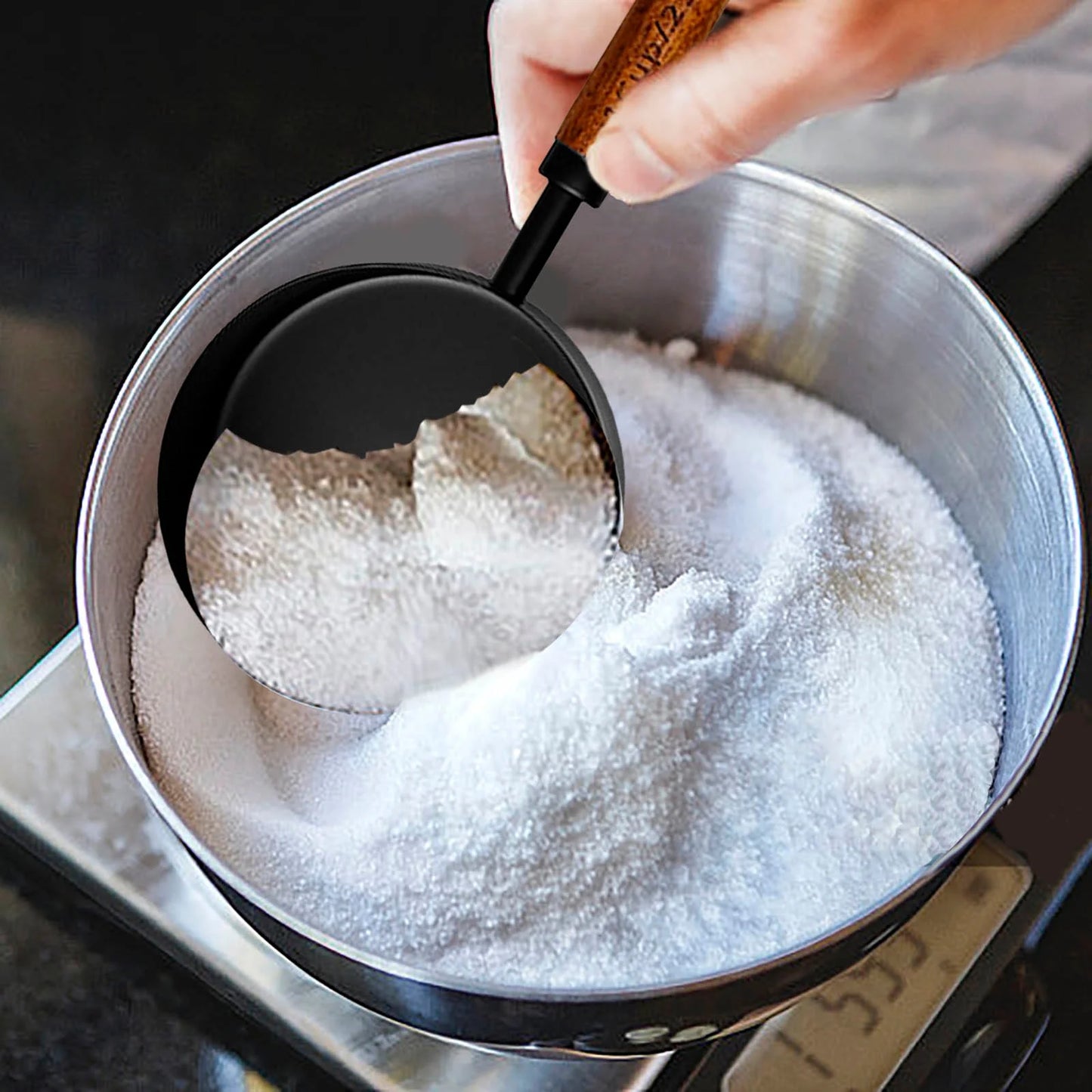 Measuring Cups and Spoons Black Measuring Cups with Wooden Handle Stainless Steel Measuring Spoons and Scoops Set for Kitchen Flour Spice Seasoning Measurement Set of 4