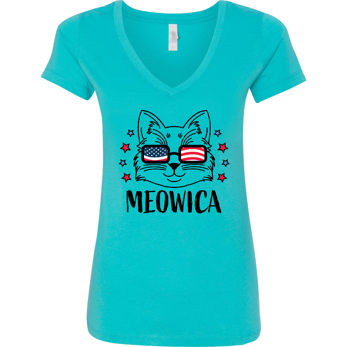 Inktastic 4Th of July Meowica Cat in Flag Sunglasses Women'S V-Neck T-Shirt Day
