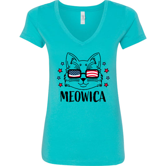 Inktastic 4Th of July Meowica Cat in Flag Sunglasses Women'S V-Neck T-Shirt Day