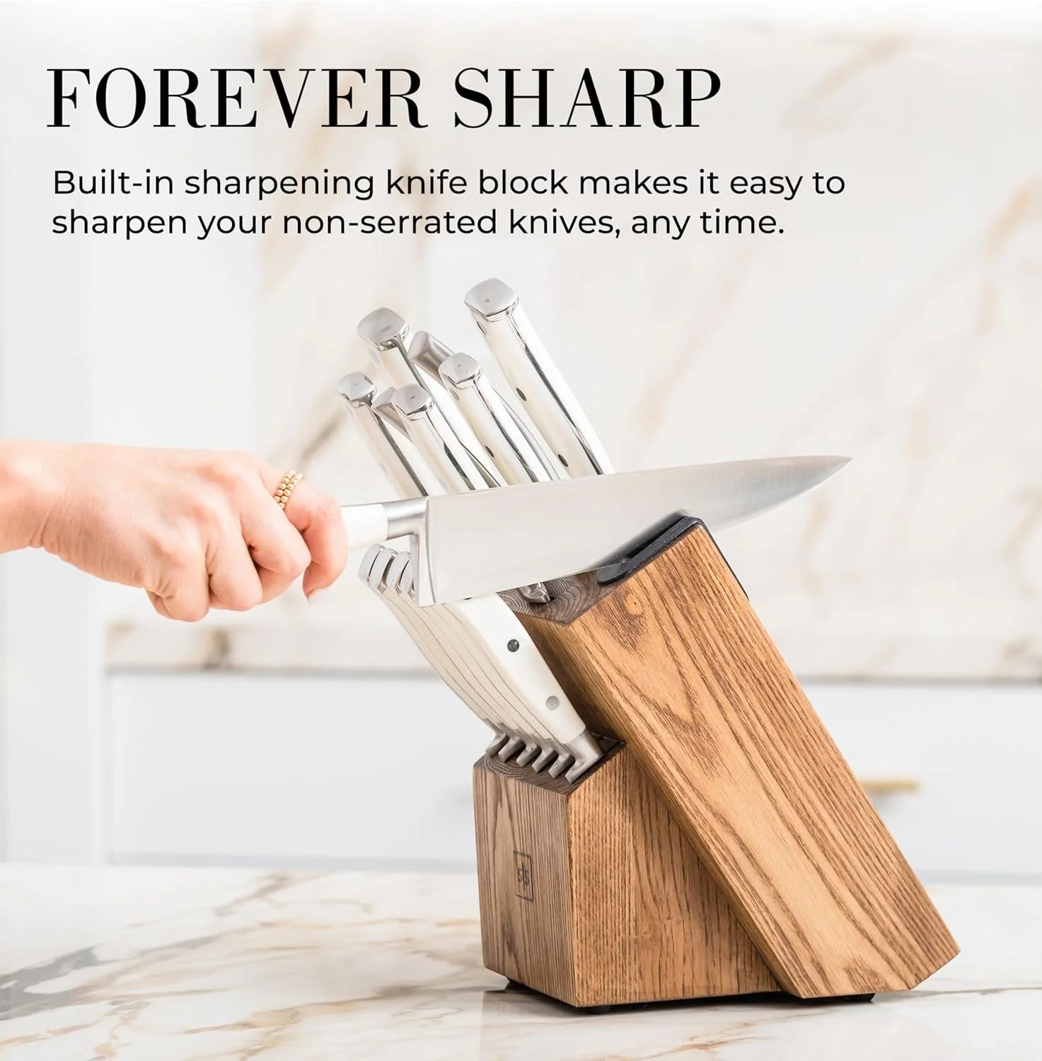 White Stainless Steel Knife Set with Walnut Block with Sharpener