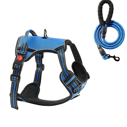Adjustable Canine Harness for Large Breeds, Non-Dragging Vest with 5Ft Lead, Grip, Metallic Loops, Fasteners, Reflective Threads, Made from Durable 600D Oxford Material, Ideal for Training