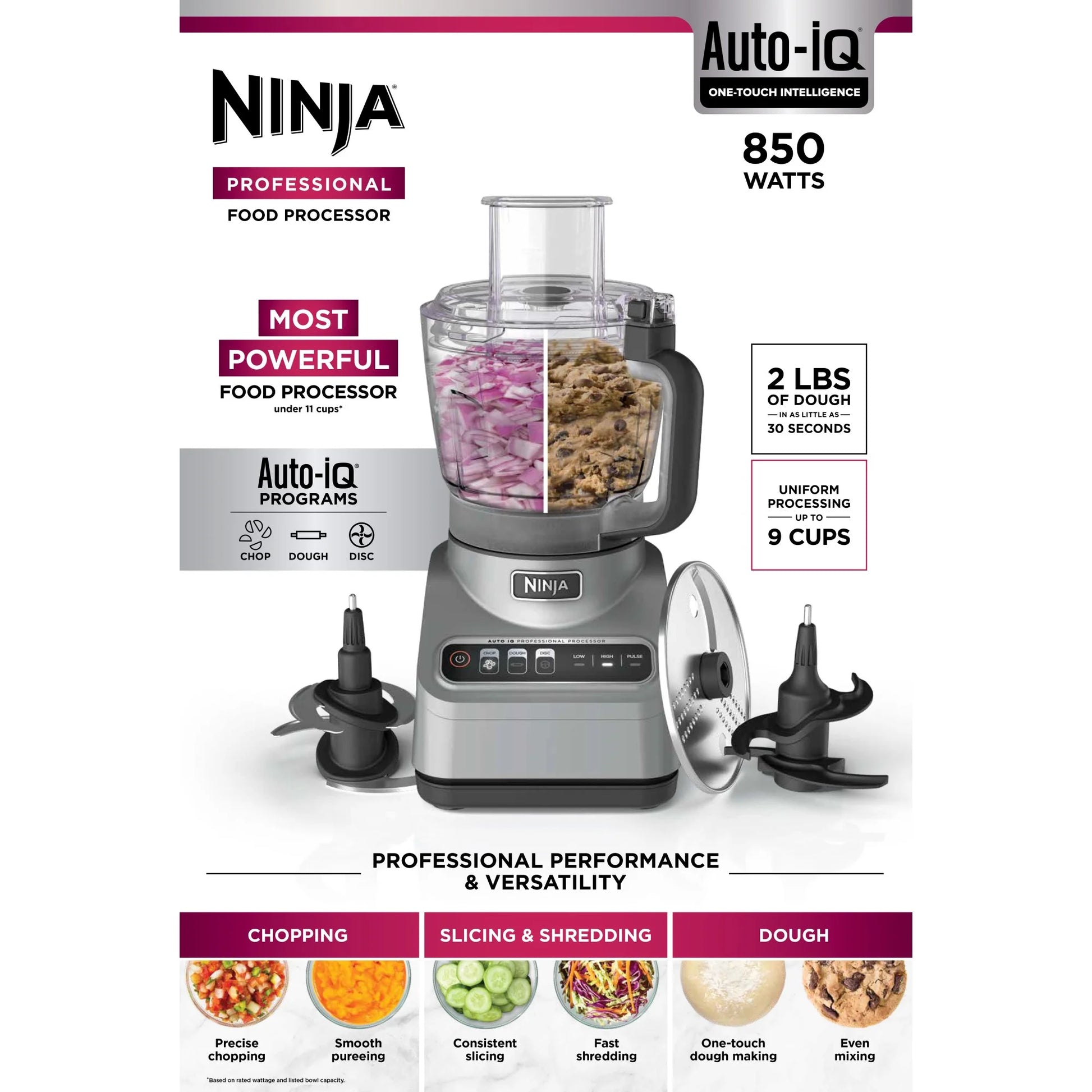 Professional Food Processor, 850 Watts, 9-Cup Capacity, Auto-Iq Preset Programs, Silver