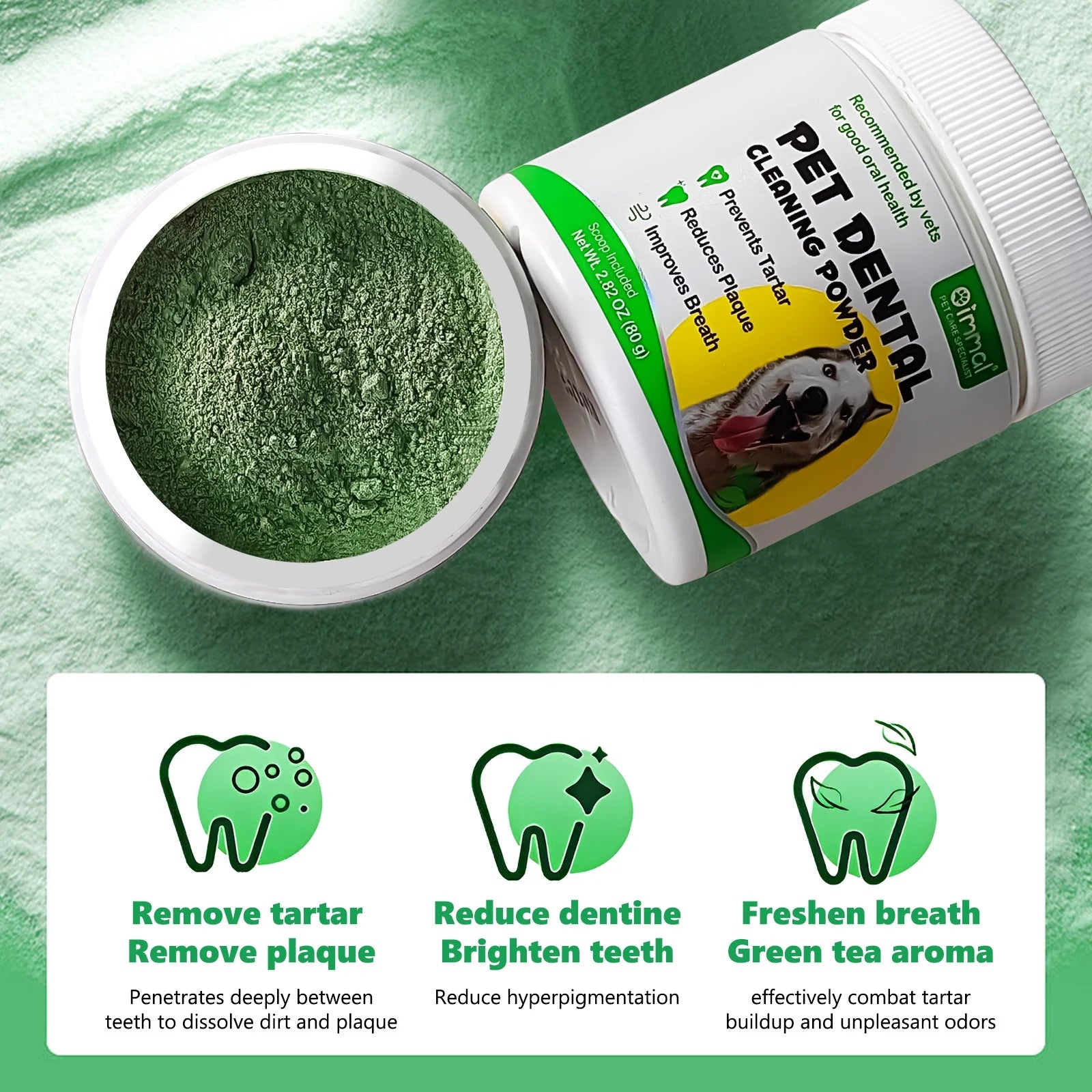 Dental Health Powder for Dogs, Dog Oral Care Dental Care Powder with Probiotics, Dog Teeth Cleaning, Fresh Breath, Plaque, Tartar - 80G