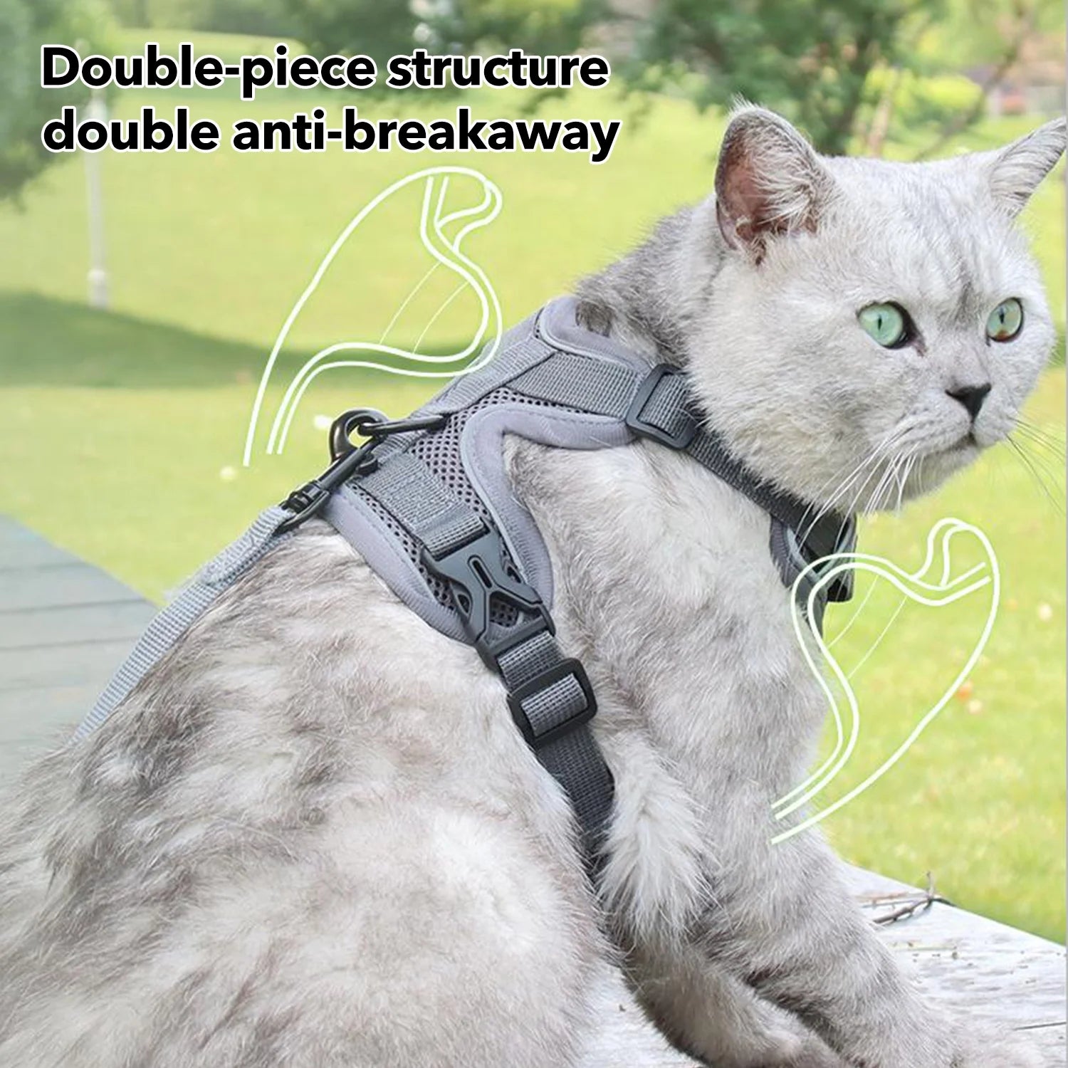 Adjustable Cat and Puppy Harness and Leash Set, Escape-Proof Soft Vest with Reflective Strips, Gray, Medium