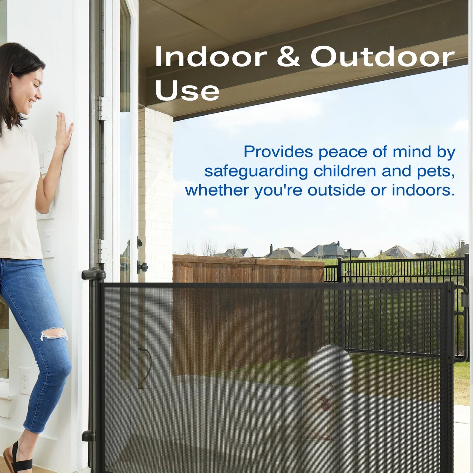 55-Inch Wide Retractable Baby Gate for Doorways, Indoor and Outdoor Mesh Dog Barrier, One-Hand Operable Child Safety Gate for Stairs - Black