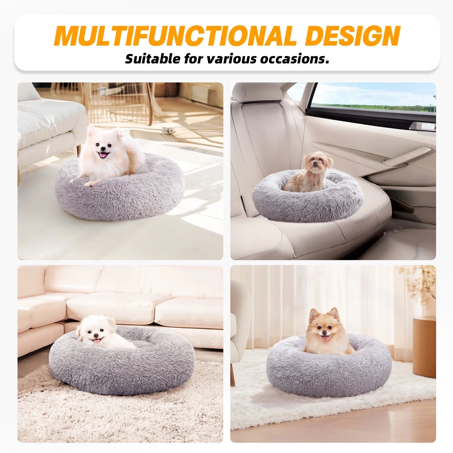 Calming Donut Dog Bed - 20" x 20" x 8", Plush Anti-Anxiety Round Pet Bed for Small Dogs and Medium/Large Cats, Washable with Anti-Slip Bottom, Light Gray