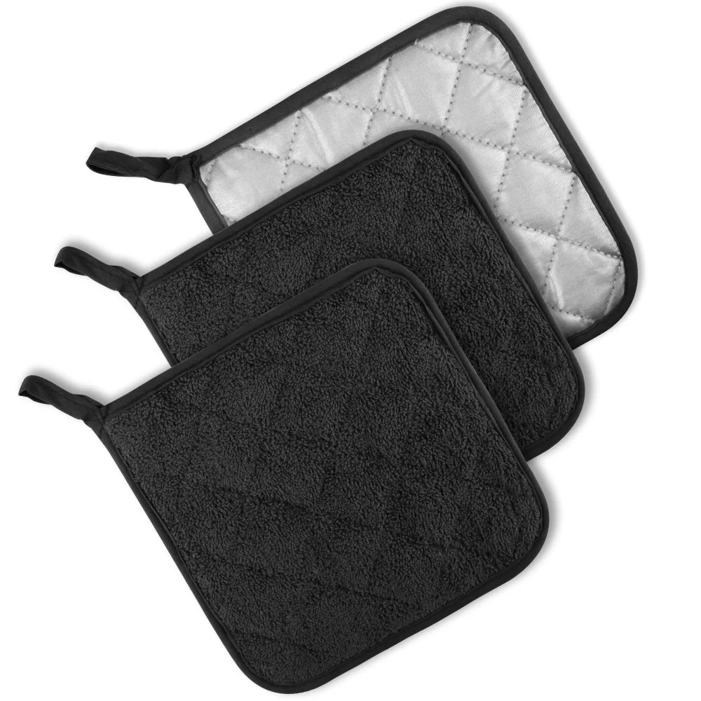 Kitchen Pot Holders Sets Heat Resistant Pot Holder Cotton Oven Hot Pads for Cooking Baking Set of 3 7X7" Black