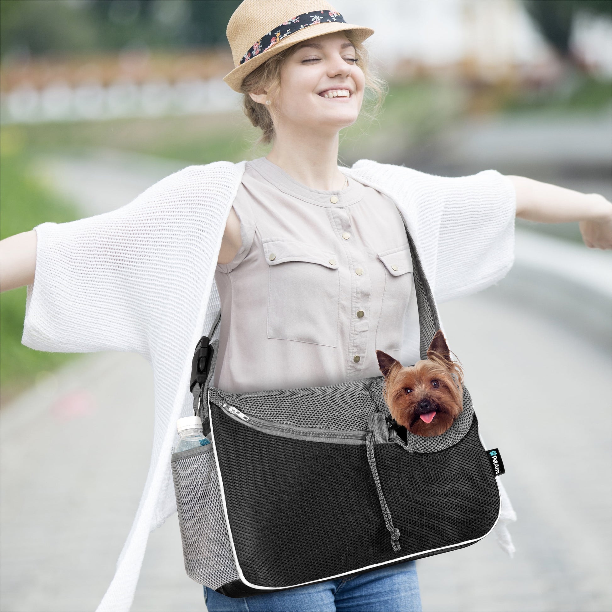 Small Dog Sling Carrier - Soft-Sided Crossbody Pet Pouch for Medium Dogs and Cats, Adjustable Travel Bag with Poop Bag Dispenser, Breathable Design, Black