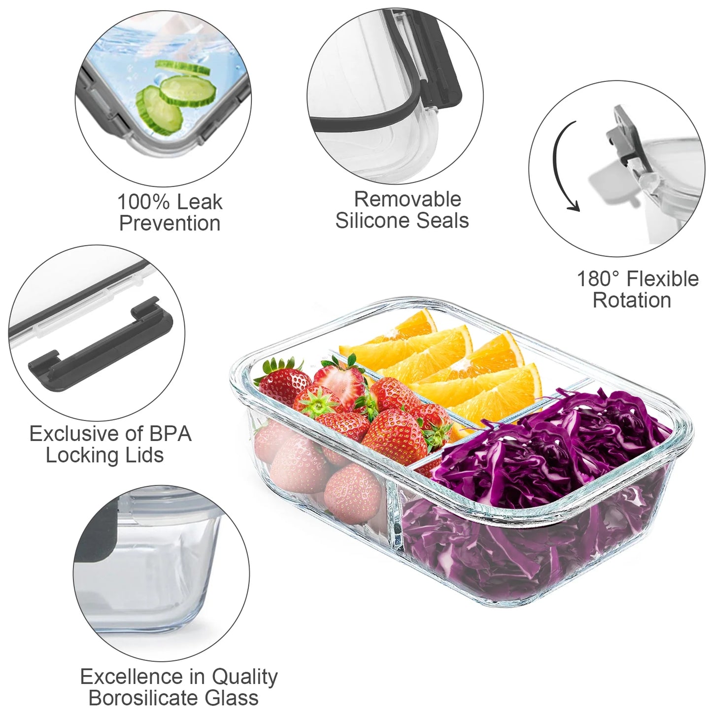 8 Pcs Glass Food Storage Containers with Lids, 2 & 3 Compartment Glass Airtight Meal Prep Containers (4 Containers & 4 Lids), Oven & Freezer Safe, Leak Proof - Grey