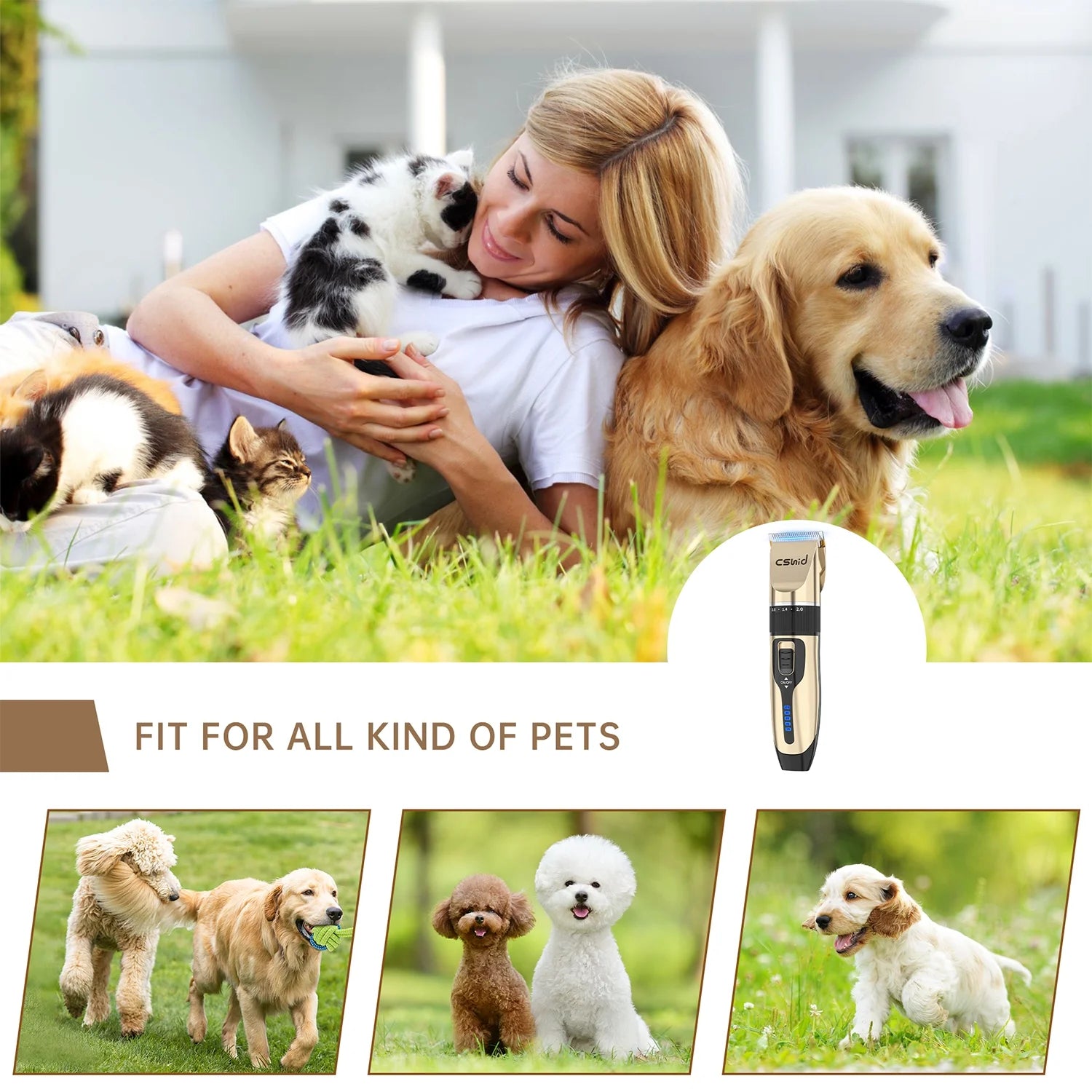 Dog Hair Clippers, Professional LED Display Dog Grooming Kit, Cordless Quiet Pets Clippers Hair Trimmer, Low Noise Dog Shaver Clipper with 4 Comb Guides, 5 Size Fine Tuning Knob for Thick Coats Cats