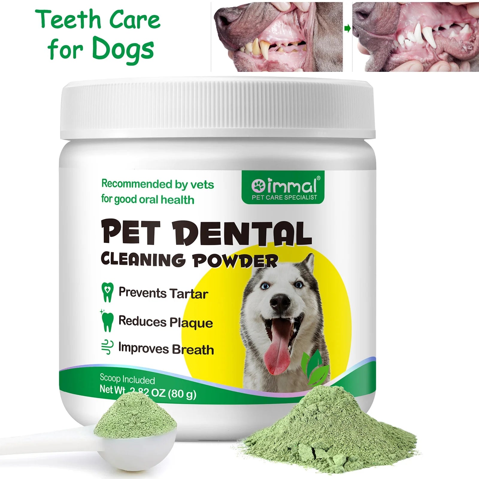 Dental Health Powder for Dogs, Dog Oral Care Dental Care Powder with Probiotics, Dog Teeth Cleaning, Fresh Breath, Plaque, Tartar - 80G