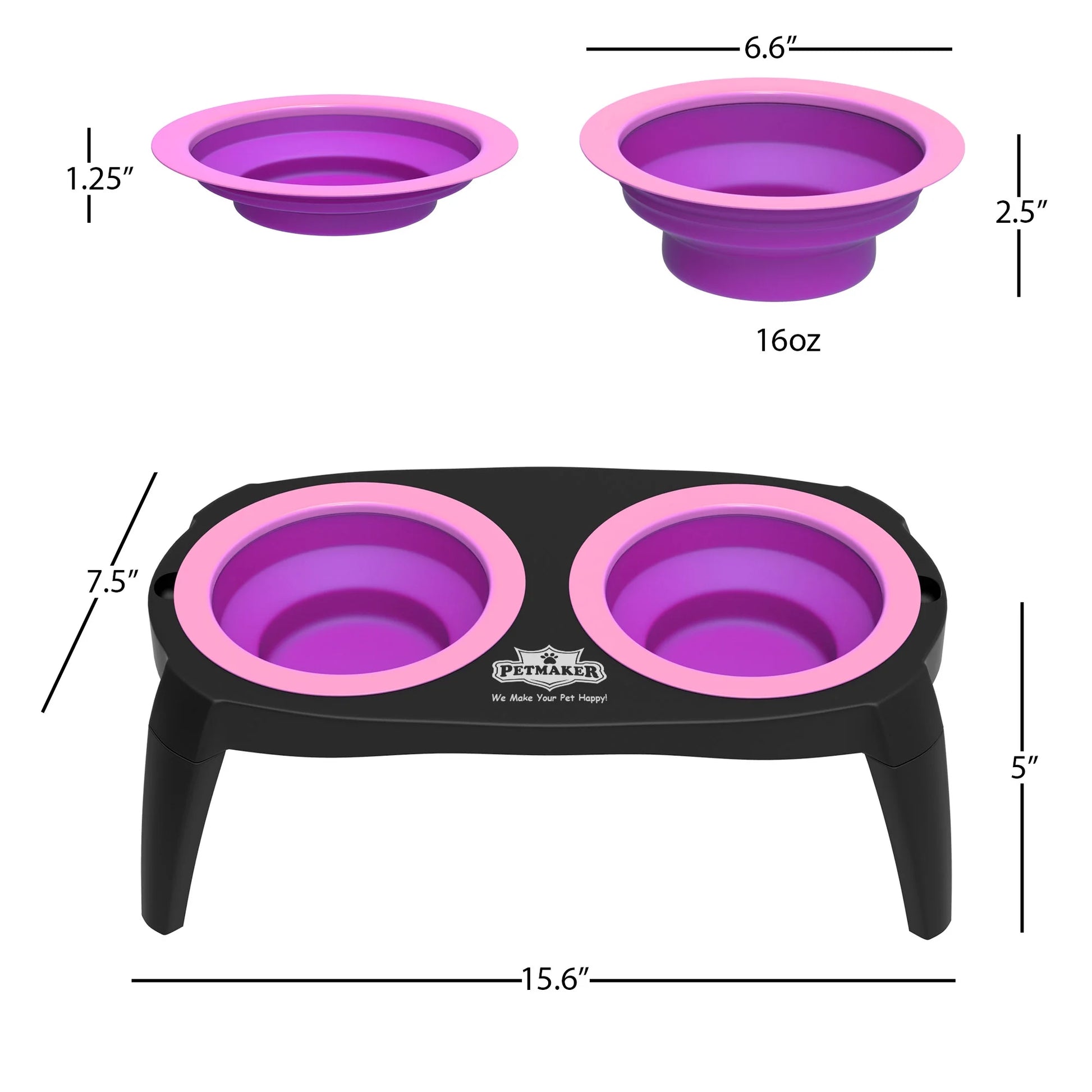 Elevated Pet Food Bowls with Non-Slip Collapsible Stand (Pink)