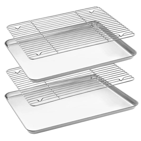 Baking Sheet with Rack Set (2 Pans + 2 Racks), 10.5” X8” X1” Stainless Steel Baking Pan Tray with Cooling Rack, Nonstick Cookie Sheet, Warp Resistant & Heavy Duty & Rust Free