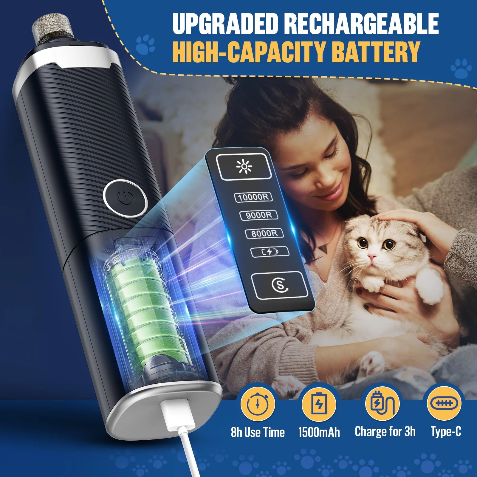 Dog Nail Grinder, Pet Nail Trimmer for Dog Cat W/Lights, Low Vibration, LCD Display, Quiet 3 Speeds Electric Pet Nail Polisher, Clipper Grooming Tool for All Breed