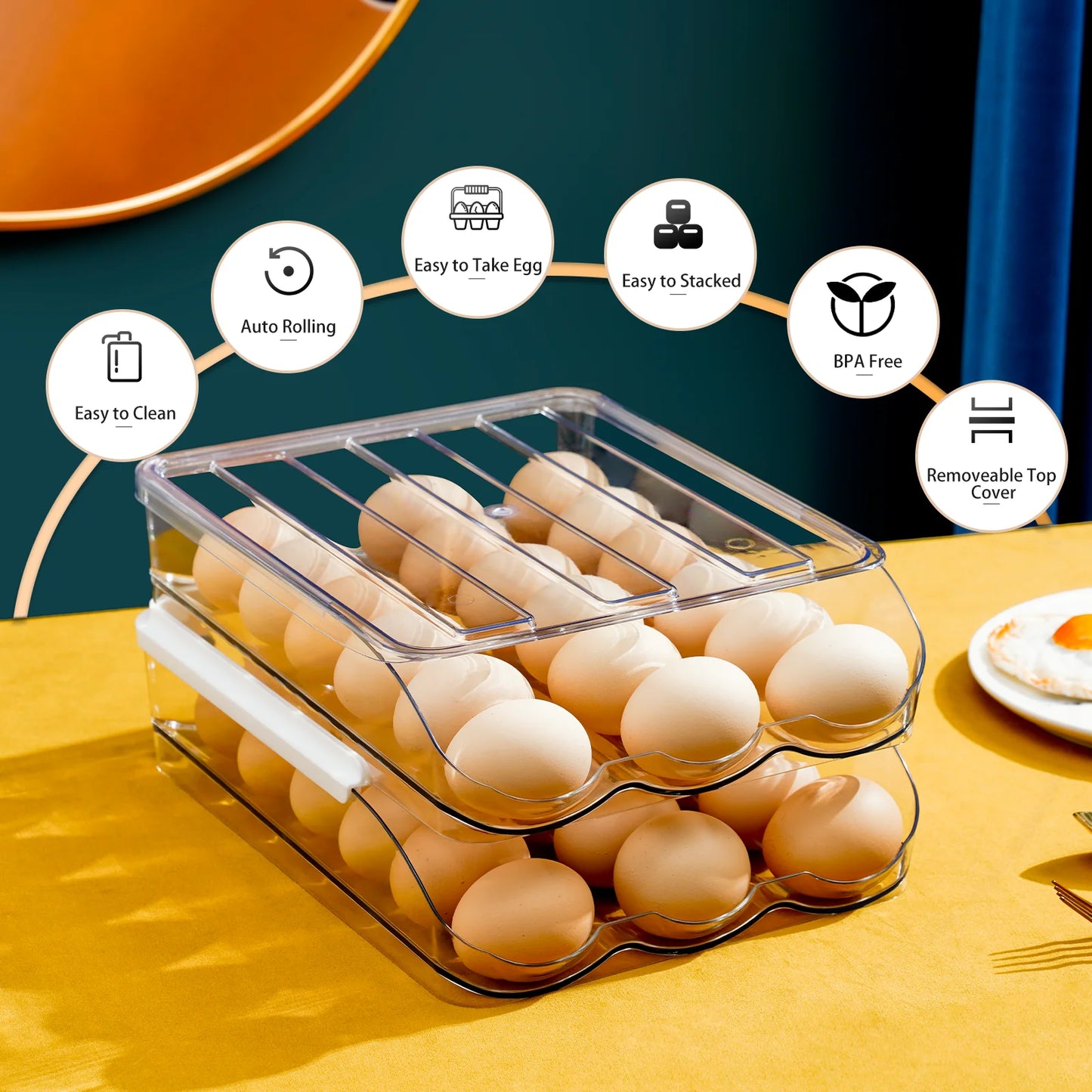 Fridge Egg Holder, 2 Layer Rolling Egg Cartons for Refrigerator, Refrigerator Egg Organizer with Lid, Clear Egg Dispenser, Egg Tray & Storage Container