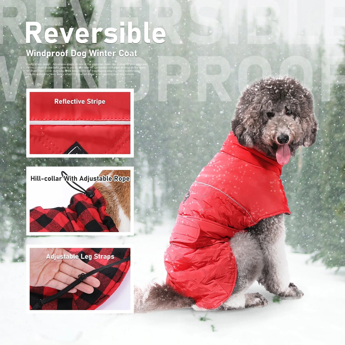 Reversible Plaid Winter Coat for Dogs – Warm Cold Weather Jacket (Sizes XS-3XL) in Red
