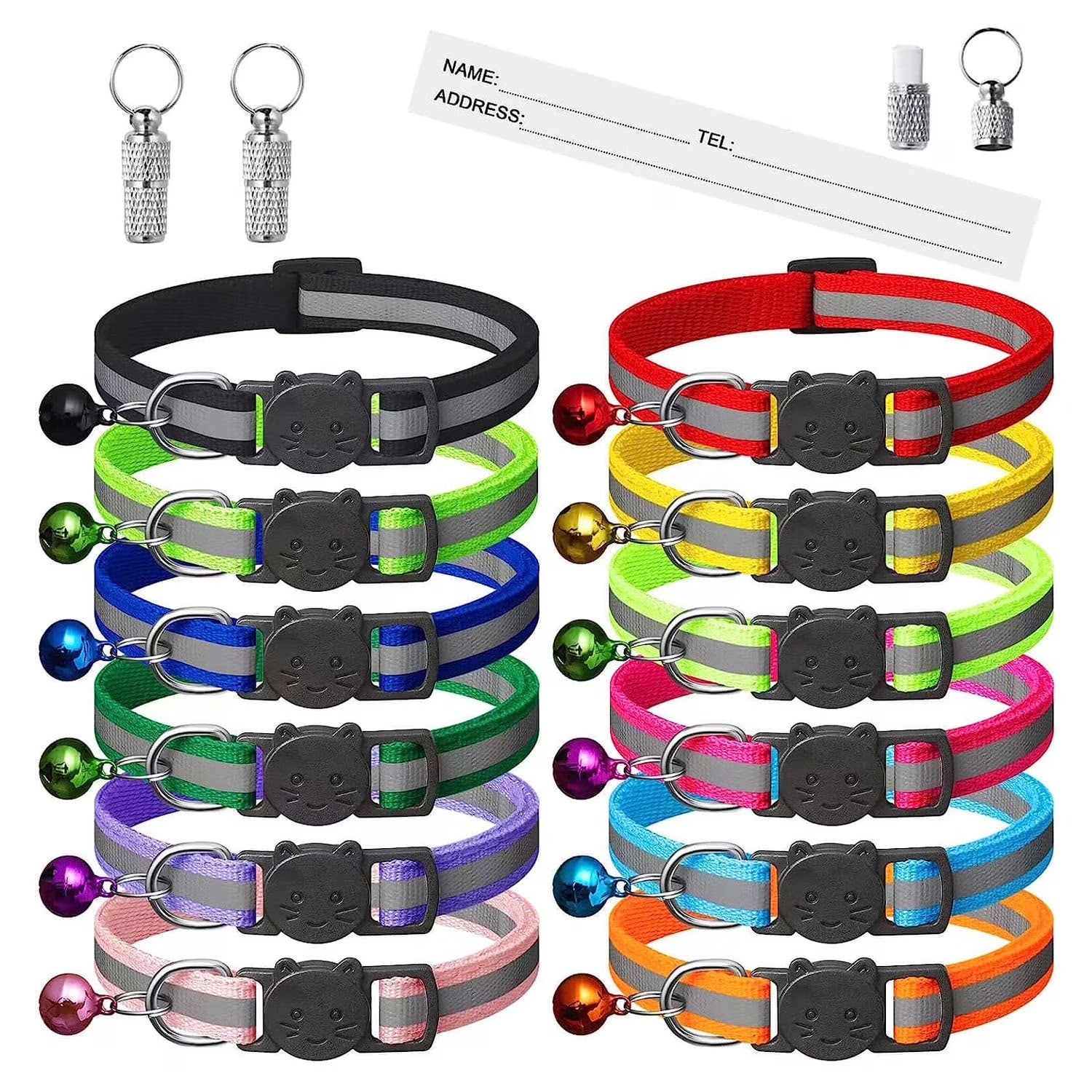 12-Pack Reflective Breakaway Cat Collars with Bells and Name Tags