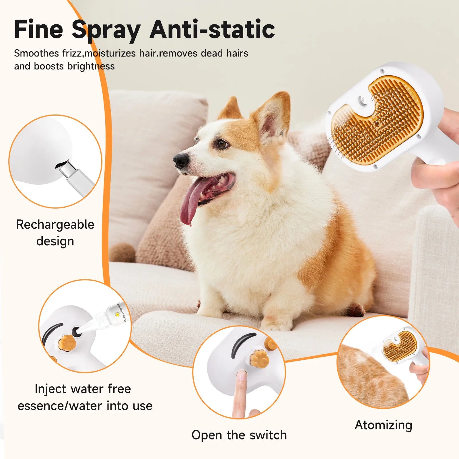 Professional Pet Steam Grooming Brush for Dogs and Cats - 3-in-1 Shedding and Hair Removal Tool with Self-Cleaning Spray Comb and Mist for Long-Haired Pets - Includes Waterless Shampoo