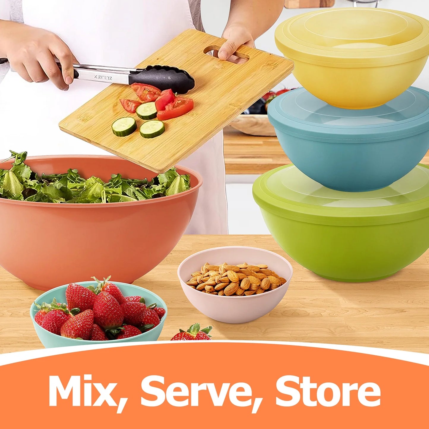 6Pcs Mixing Bowl Set with Lids, Plastic Nesting Bowls for Mixing, Storage, Kitchen Prepping, Serving Food, Microwave & Dishwasher Safe - Multi-Color