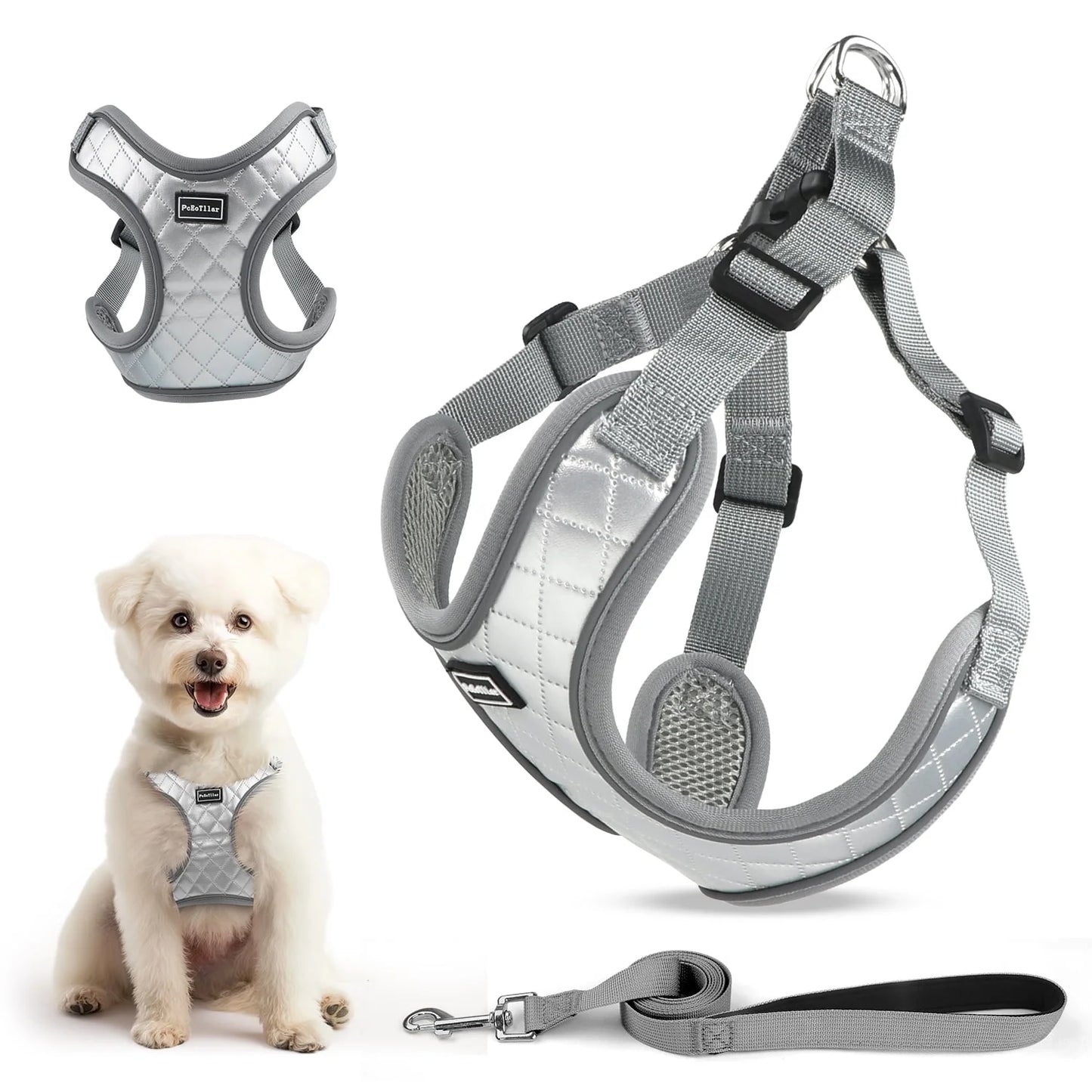 Adjustable Reflective Dog Harness and Leash Set, Escape-Proof No-Pull Vest for Small to Large Dogs, Gray, Size XS