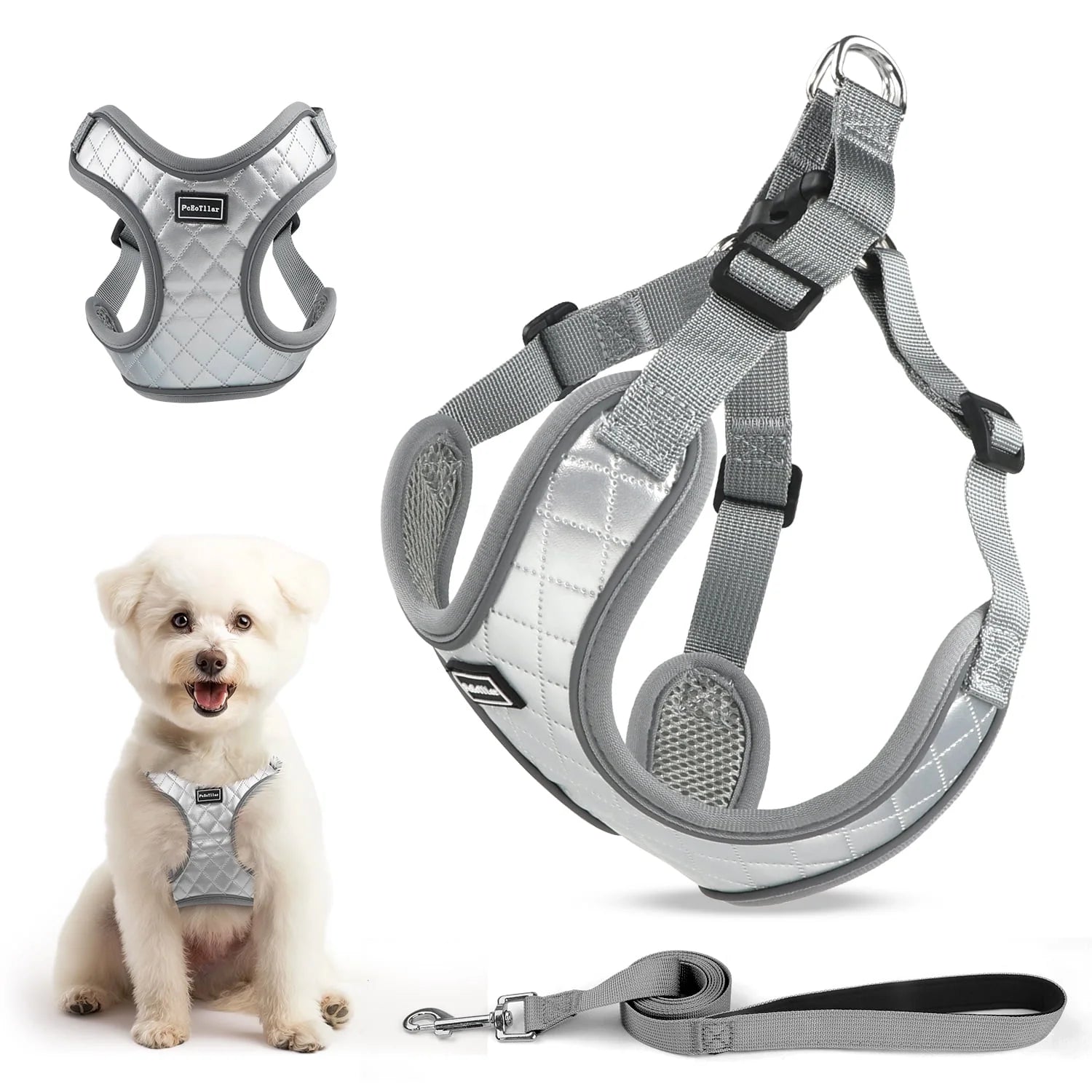 Adjustable Reflective Dog Harness and Leash Set, Escape-Proof No-Pull Vest for Small to Large Dogs, Gray, Size XS