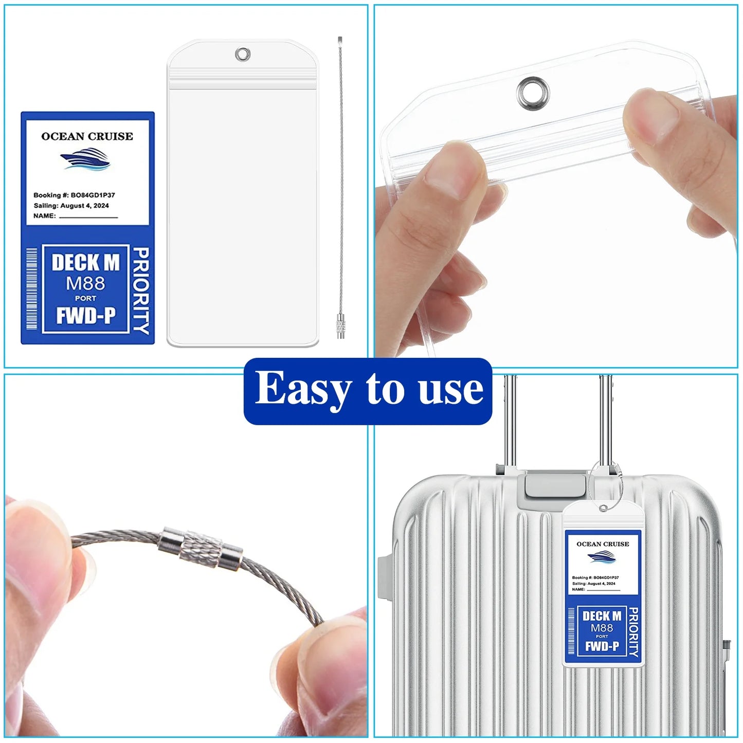 12-Piece Waterproof Cruise Luggage Tag and ID Holder Set with Zip Seal and Steel Loops, Durable PVC Holders Compatible with All Cruise Lines
