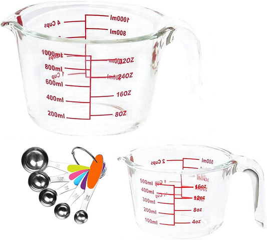 7-Pack Glass Measuring Cup Set 34 and 17 Oz Microwave, Freezer Safe, No BPA + 5 Measuring Spoons
