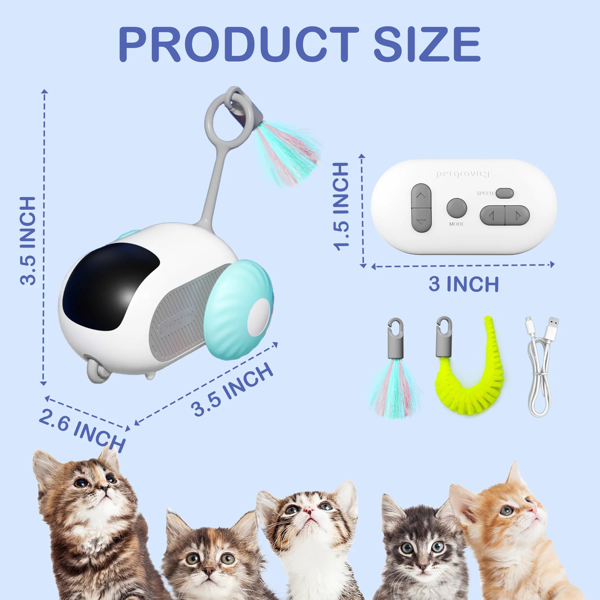Smart Interactive Cat Toy for Indoor Use - Rechargeable Remote-Controlled Automatic Movement with Feathers, Blue, 2-Speed Settings