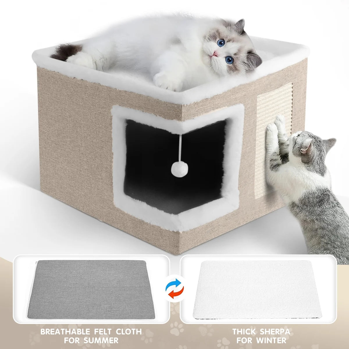 Indoor Pet Bed for Cats - Foldable Covered Kennel with Integrated Scratching Board, Ideal for Small Pets, Light Gray