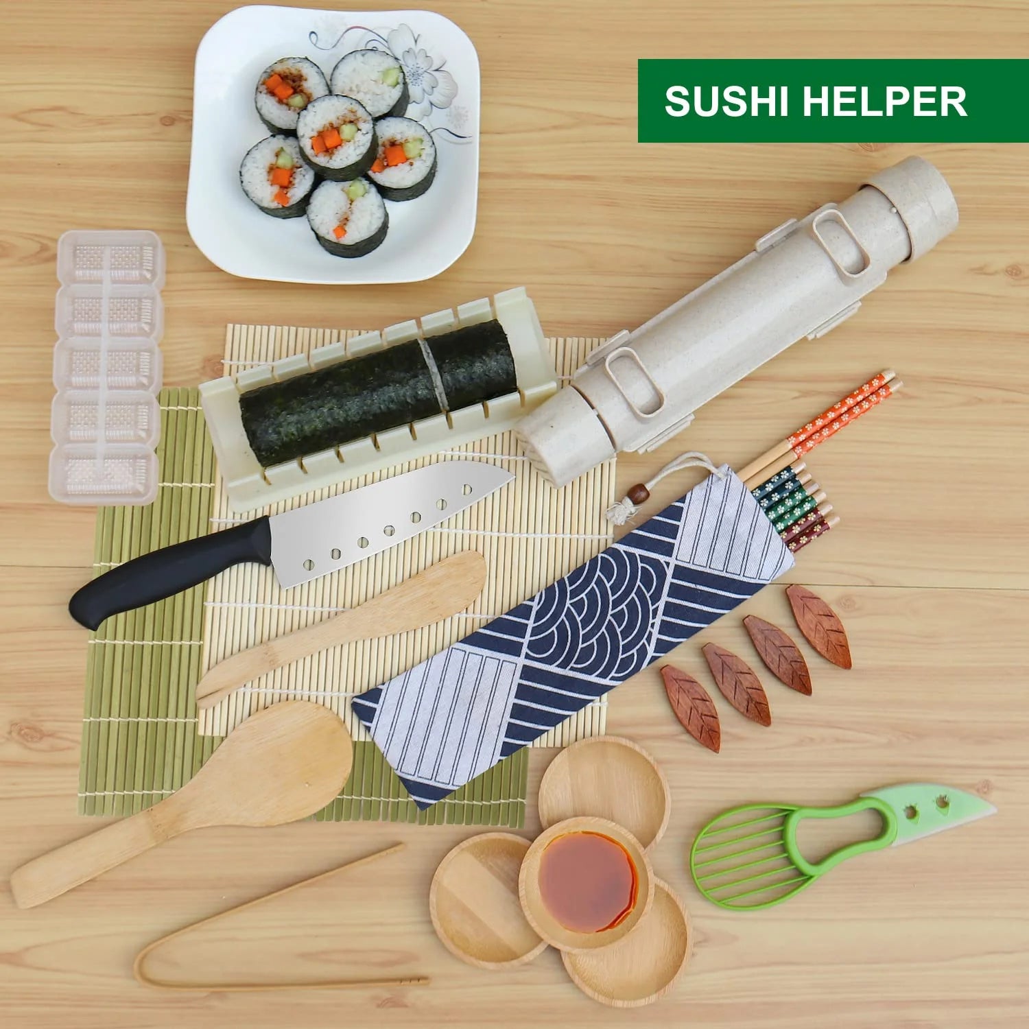 Sushi Making Kit, 23 in 1 Bamboo Sushi Maker Bazooka Sushi Roller Kit with Mat, Sushi Knife, Tweezers, Chopsticks and Holder, Mold, Dishes, Spreader Knife, Avocado Slicer, Bag