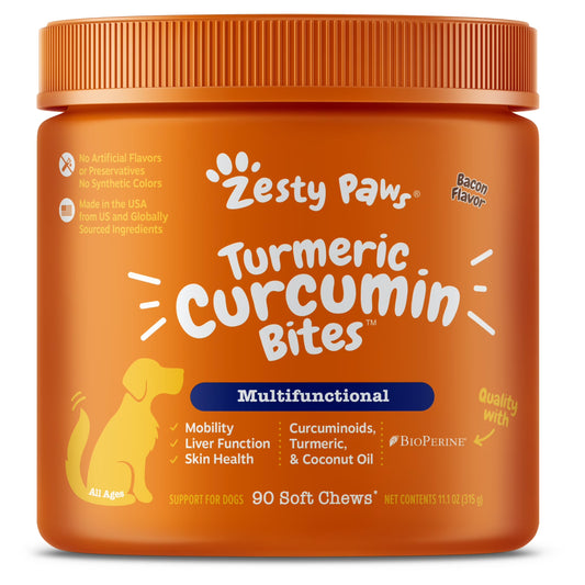 Turmeric Curcumin Chews for Dogs - Liver Support Formula with Bacon Flavor, 90 Count