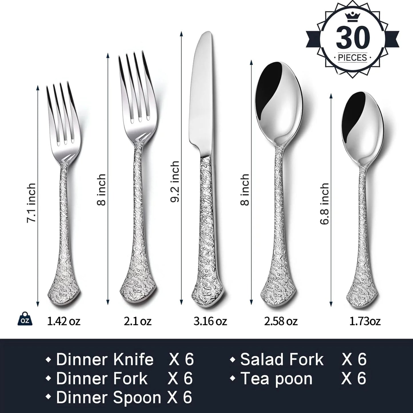 30 Pieces Silverware Set, 18/10 Stainless Steel Modern Flatware, Service for 6