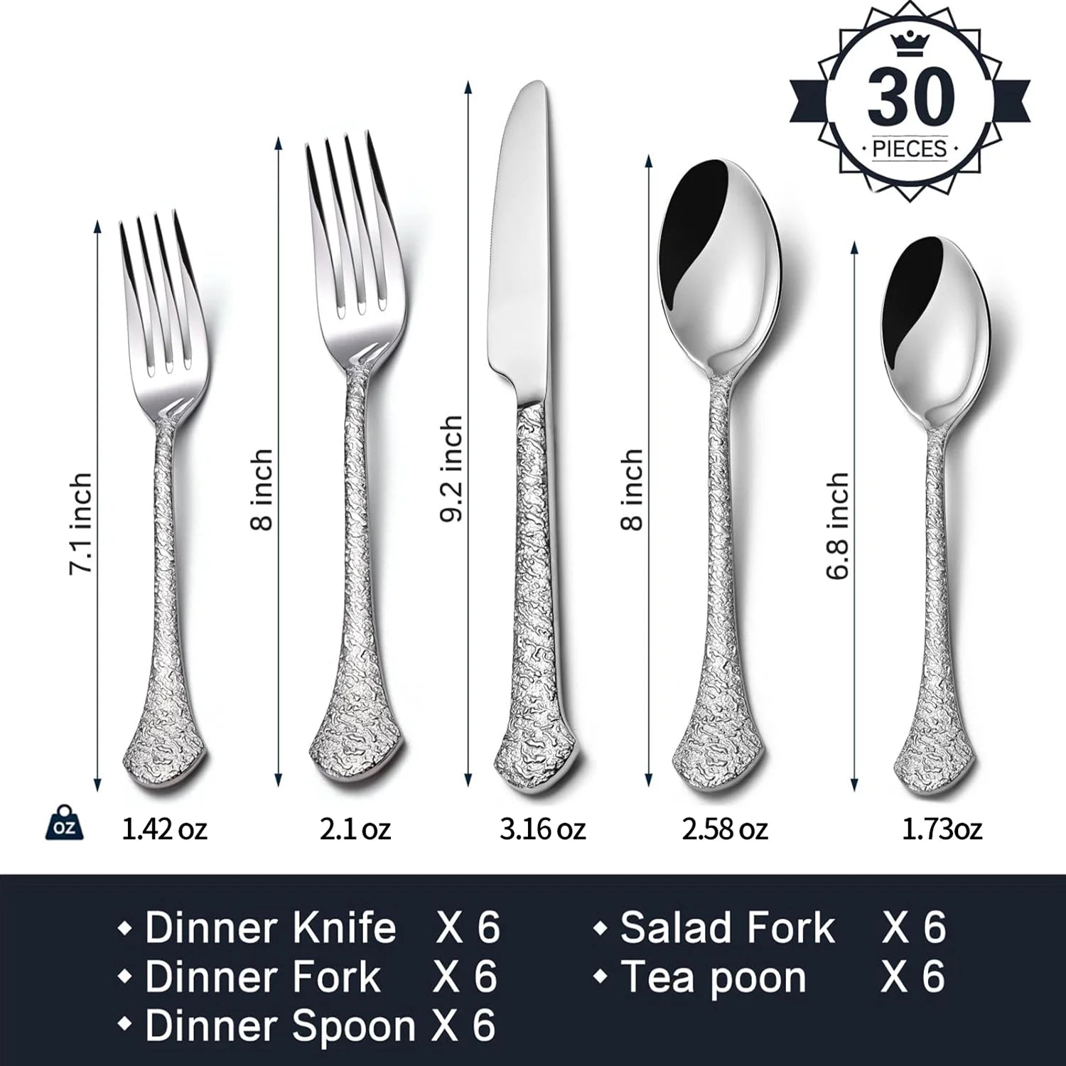 30 Pieces Silverware Set, 18/10 Stainless Steel Modern Flatware, Service for 6