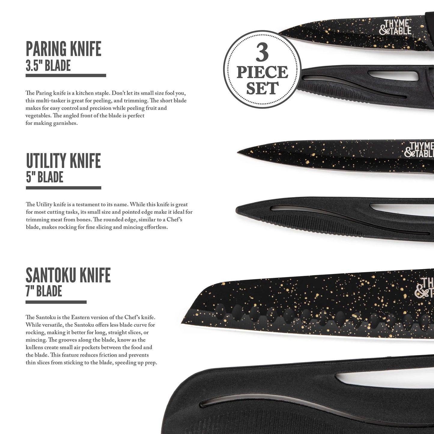 Non-Stick Coated High Carbon Stainless Steel Speckled Kitchen Knives, 3 Piece Set