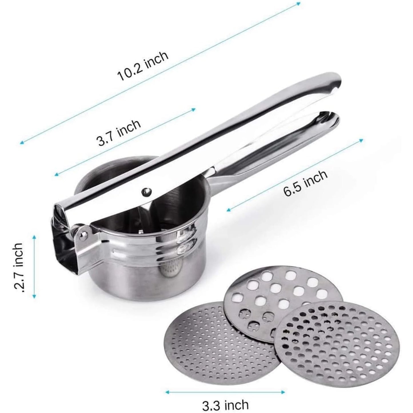 Potato Ricer Stainless Steel Masher, Large Capacity 15Oz Potato Masher Kitchen Tool for Potatoes, Fruits, Vegetables and Baby Food, Juicer, Vegetable Strainer with 3 Interchangeable Ricing Discs