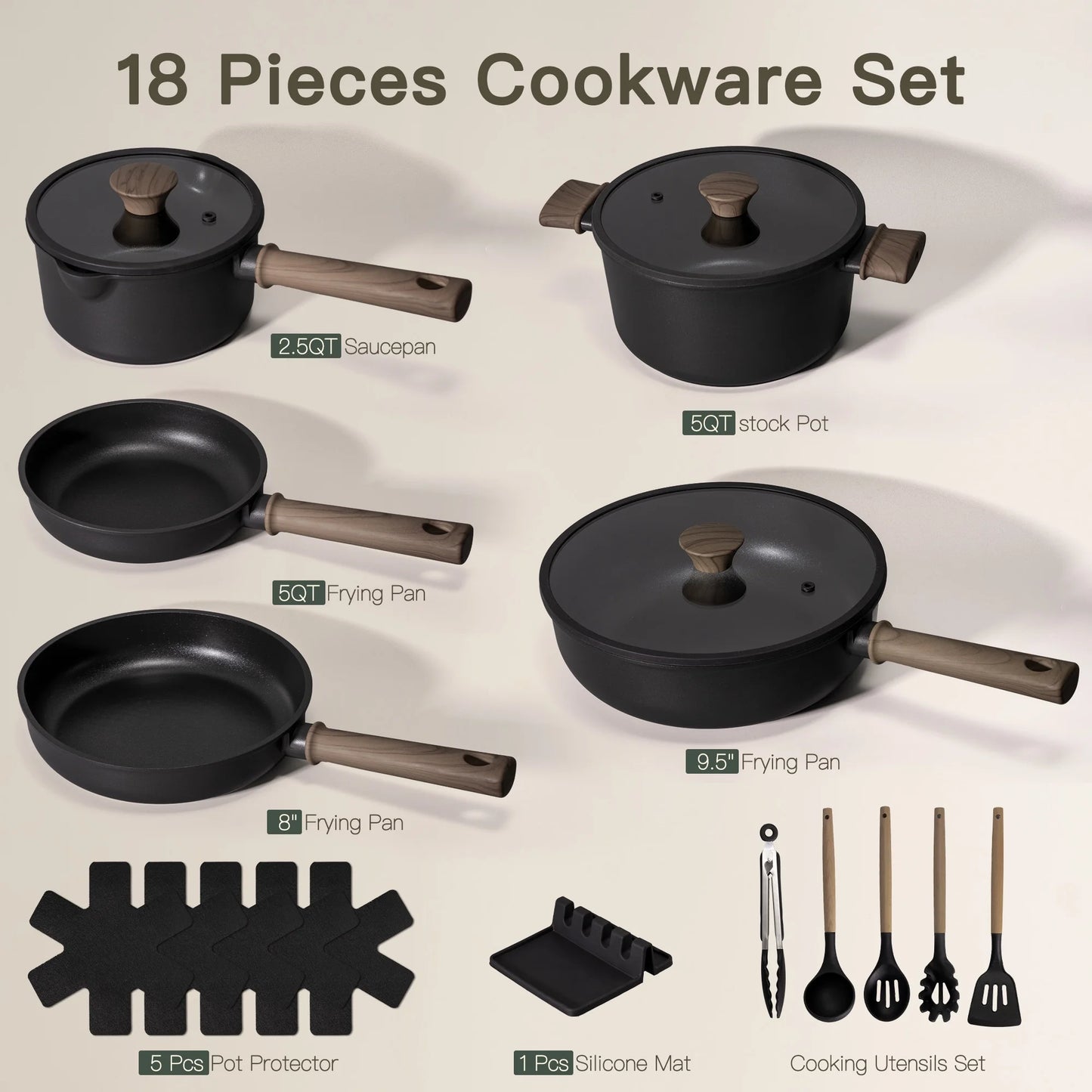 18-Piece Pots and Pans Set, Nonstick Cookware Set with Elegant Wooden Handle, Oven Safe to 480°F, Induction Compatible, Kitchen Cooking Set for RV Trips, Camping and Picnic, Black