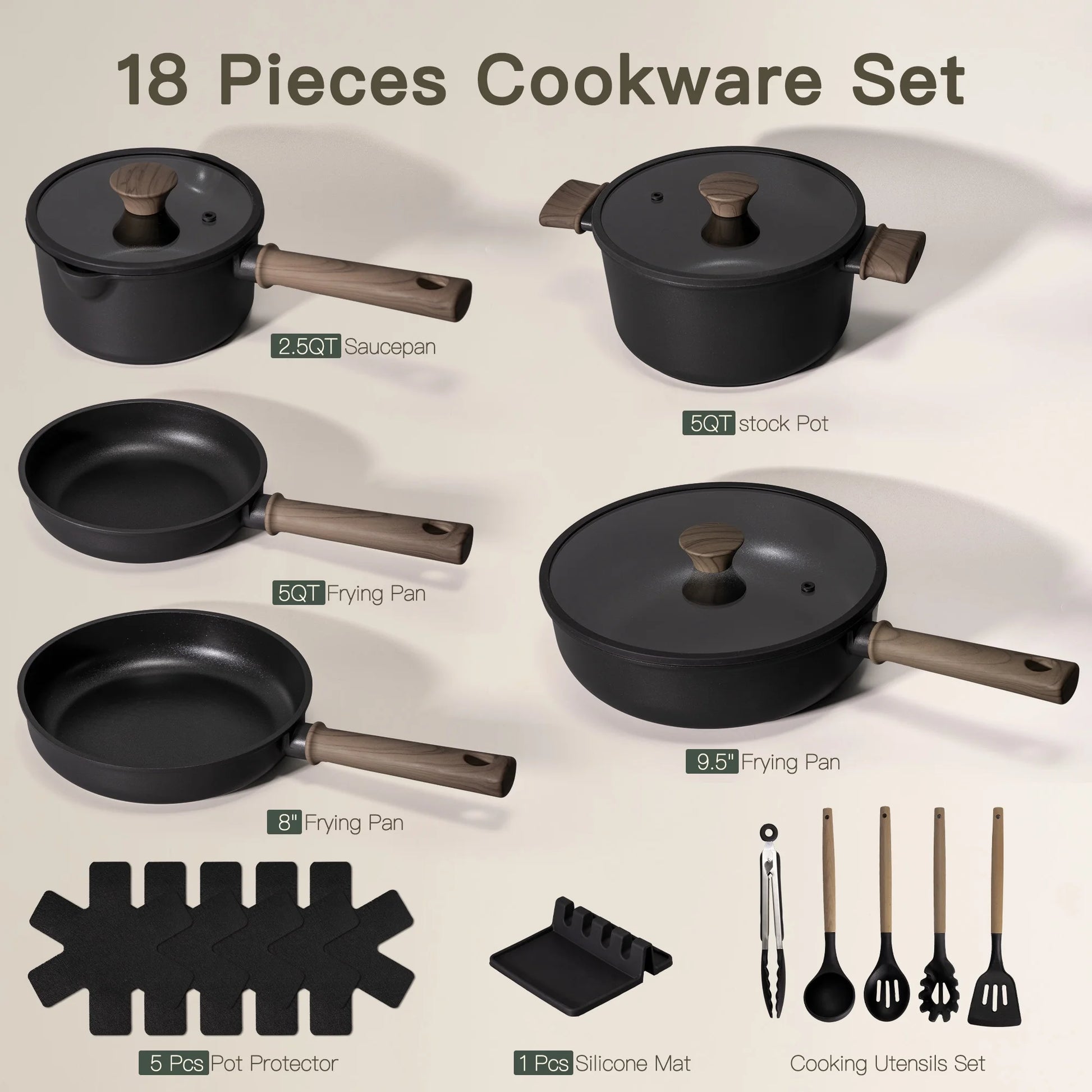 18-Piece Pots and Pans Set, Nonstick Cookware Set with Elegant Wooden Handle, Oven Safe to 480°F, Induction Compatible, Kitchen Cooking Set for RV Trips, Camping and Picnic, Black