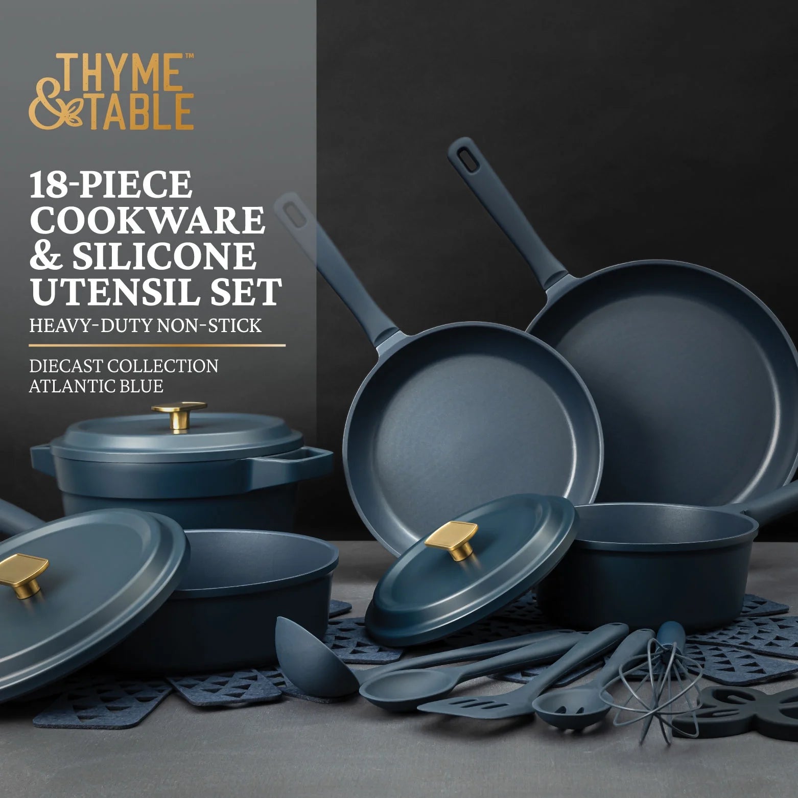 18-Piece Non-Stick Diecast Cookware & Silicone Utensil Set, Pots and Pans Set - Atlantic Blue
