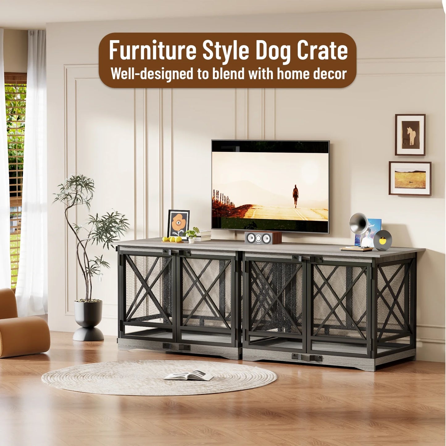 48-Inch Extra-Large Wooden Dog Crate with Double Doors, Indoor Kennel and End Table, Anti-Chew and Anti-Escape Design, Gray