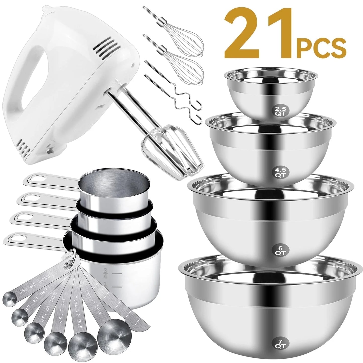 Electric Hand Mixer Set with Upgraded 5-Speed Settings, Stainless Steel Nesting Mixing Bowls, Measuring Cups, Spoons, and Whisk - Essential Baking Supplies for Culinary Excellence