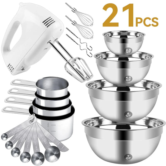 Electric Hand Mixer Set with Upgraded 5-Speed Settings, Stainless Steel Nesting Mixing Bowls, Measuring Cups, Spoons, and Whisk - Essential Baking Supplies for Culinary Excellence